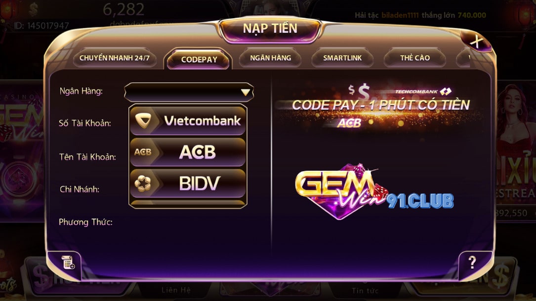 Nạp tiền Gemwin qua code pay Nạp tiền Gemwin qua code pay